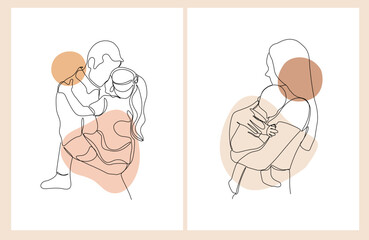 Happy Mother's Day and Father's Day. Set of minimalistic modern line art. Vector abstract illustration of mother, father, daughter and baby, hand, frame, border for greeting card, poster or flyer