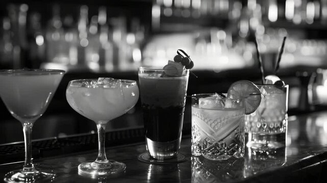 A row of glasses on a bar counter, including martinis, margaritas, and other cocktails