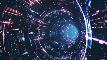 Obraz premium Dynamic C4D Cyberpunk Technology Background Design with Neon Holographic Interfaces, Mecha Components, Glitch Effects, and Dystopian Urban Landscapes – Incorporating Digital Grunge Textures, Futuristi