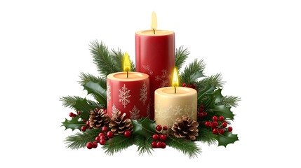 Festive Christmas Candles Holly Pine Cones Winter Holiday Decor