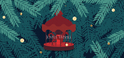 Merry Christmas and Happy New Year greeting card, poster, web banner, holiday cover. Banner with christmas tree and red toy carousel design in gold, red and green colors for ads and promo © Yana