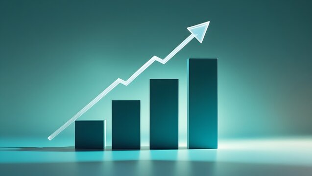 bar chart with four rectangular columns of increasing height. An upward arrow line, symbolizing growth and progress