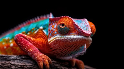 Obraz premium An intricately detailed chameleon perched on a branch, displaying its vibrant colors and textures, showcasing the beauty and adaptability of this remarkable reptile.