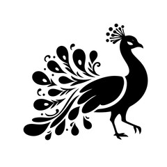 Obraz premium Peacock Silhouette Icon – Black Vector Bird with Decorative Feather Fan and Teardrop Eye Patterns