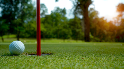 Golf ball on green grass in the evening golf course with sunshine background.