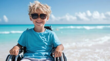A cheerful boy in sunglasses using a wheelchair at the beach, showcasing joy and determination while enjoying a sunny day by the beautiful, turquoise sea.