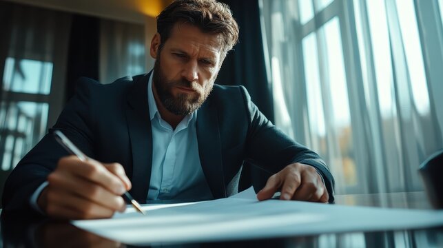 A serious businessman with a beard, intently signing papers at a desk, conveying themes of responsibility, diligence, and the importance of professional agreements.