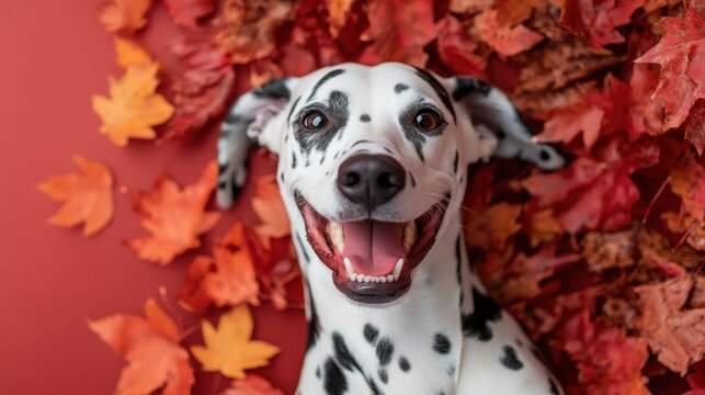 A cheerful Dalmatian dog smiles among vibrant autumn leaves, capturing the essence of playful joy and the beauty of seasonal changes, perfect for animal lovers and pet enthusiasts.