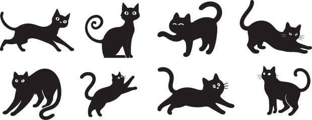 Eight black cat silhouettes in various poses