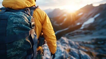 A silhouette of a hiker in a vibrant yellow jacket against a stunning mountain landscape at sunrise, embodying the spirit of adventure and exploration.