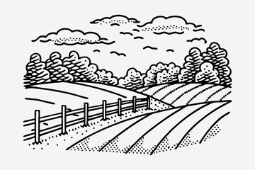 Naklejka premium Countryside landscape illustration with rolling fields, fence, clouds, and trees black and white rural scenery art