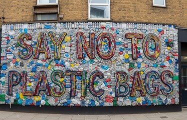 Recycled plastic scraps arranged to form the phrase &ldquo;Say No to Plastic Bags,&rdquo; spreading a bold message on International Plastic Bag Free Day.