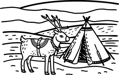 Reindeer beside traditional tent in snowy arctic landscape winter wilderness wildlife, nomad living, north culture