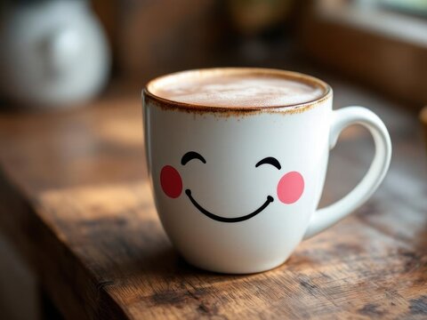 Hot chocolate, a happy hot chocolate, coffee, expresso in a white cup with a smiley face on a rustic wood background a good morning start to the day. Generative ai