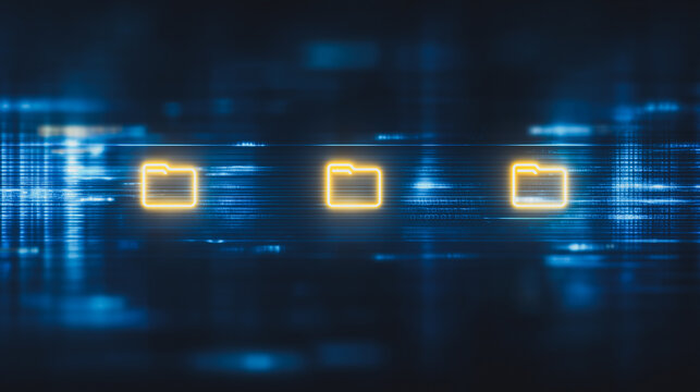 Digital Data Array: A mesmerizing array of digital folder icons glows against a backdrop of intricate code.