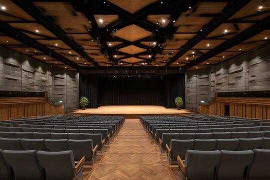 Modern auditorium with seating, stage, lighting, and acoustics for events.