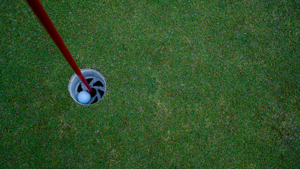 Obraz premium Golf ball on green grass in the evening golf course with sunshine background.