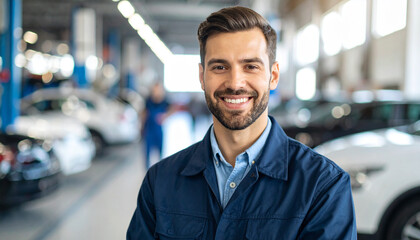 Obraz premium Portrait of handsome young man, auto mechanic. Professional worker at car workshop.