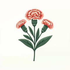 A botanical illustration of three coral carnations with green stems and leaves on a white background