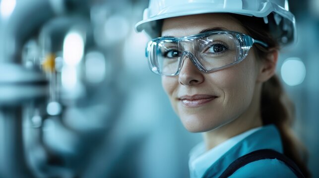 A confident female engineer wearing safety gear in an industrial setting, proudly exemplifying the important role of women in STEM and progressive workplace environments.