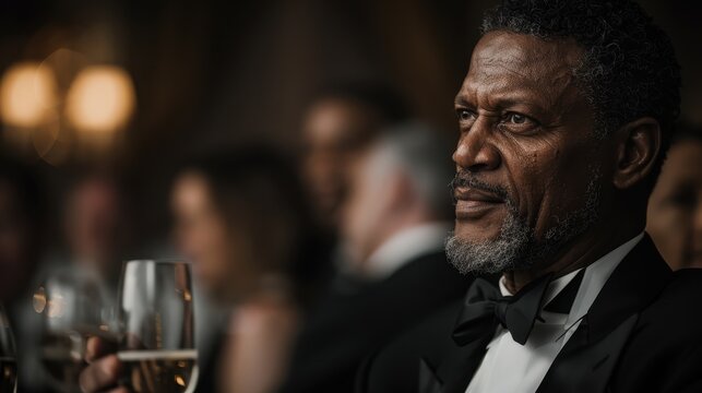 A distinguished man in a tuxedo holds a glass of champagne, surrounded by an elegant setting, capturing the essence of sophistication and celebration at a formal event.