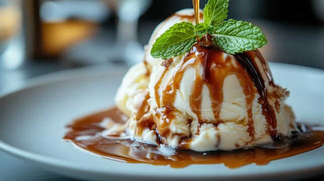 An appetizing dessert plate featuring scoops of vanilla ice cream drizzled with rich caramel sauce, garnished with fresh mint, inviting indulgence and satisfaction for any sweet tooth.