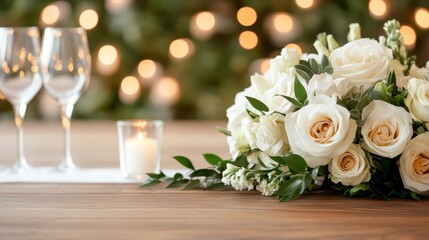 Obraz premium An elegant wedding bouquet featuring white roses and delicate greenery, accompanied by candlelight, symbolizing love and celebration during a beautiful wedding event.