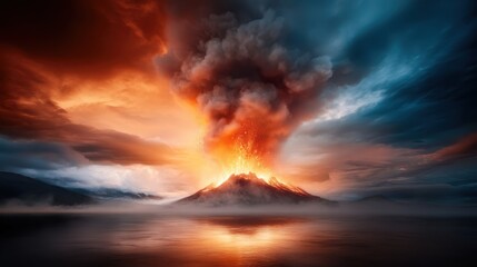 An explosive volcano erupts against a backdrop of dramatic, colorful clouds at sunset, illustrating the raw power of nature and its breathtaking beauty.