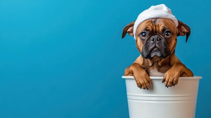 A playful French Bulldog wearing a towel hat peeks out of a bucket against a vibrant blue backdrop, radiating charm and humor while inviting smiles and joy.