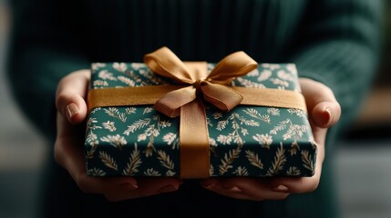 An exquisite gift box wrapped in elegant paper and adorned with a stylish ribbon, symbolizing thoughtfulness and celebration, perfect for special occasions.