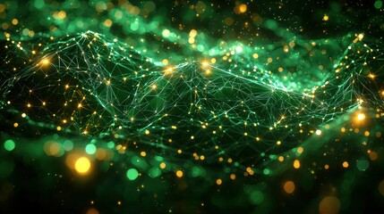 Abstract digital landscape with interconnected lines and glowing particles.  Emerald green and gold hues create a dynamic, otherworldly scene