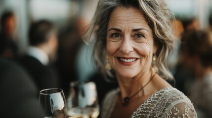 A happy woman smiling while holding a glass at a festive gathering, capturing moments of joy, connection, and celebration, embodying the spirit of togetherness and happiness.