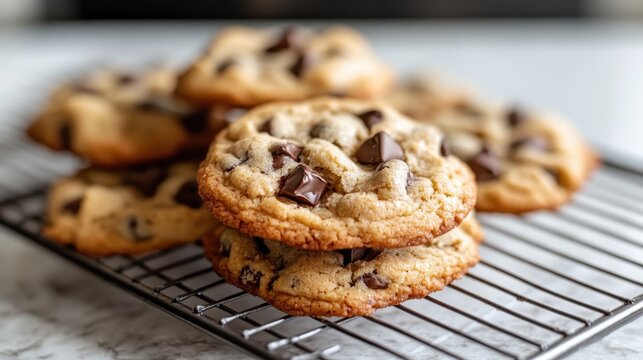 These tempting chocolate chip cookies, perfectly golden and chewy, are cooling on a rack, showcasing the classic appeal of homemade baked goods and irresistible treats.