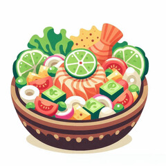 A bowl filled with salad veggies fish and a lime slice on top