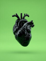 Black 3d anatomical heart on green background