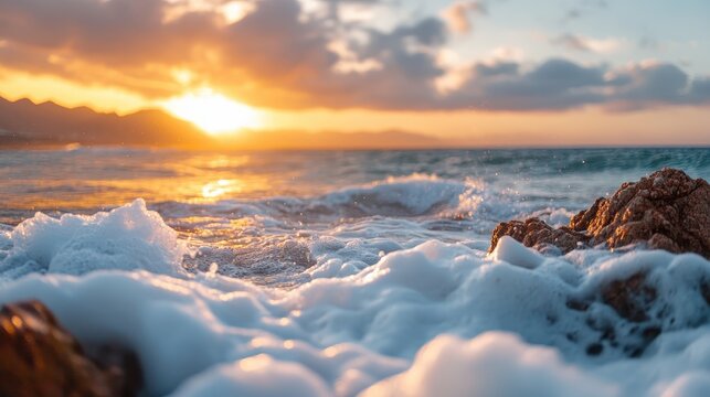 Beautiful waves crash against a rocky shore as the sun sets, creating a serene and picturesque scene that embodies the tranquility and beauty of nature at dusk. - Powered by Adobe