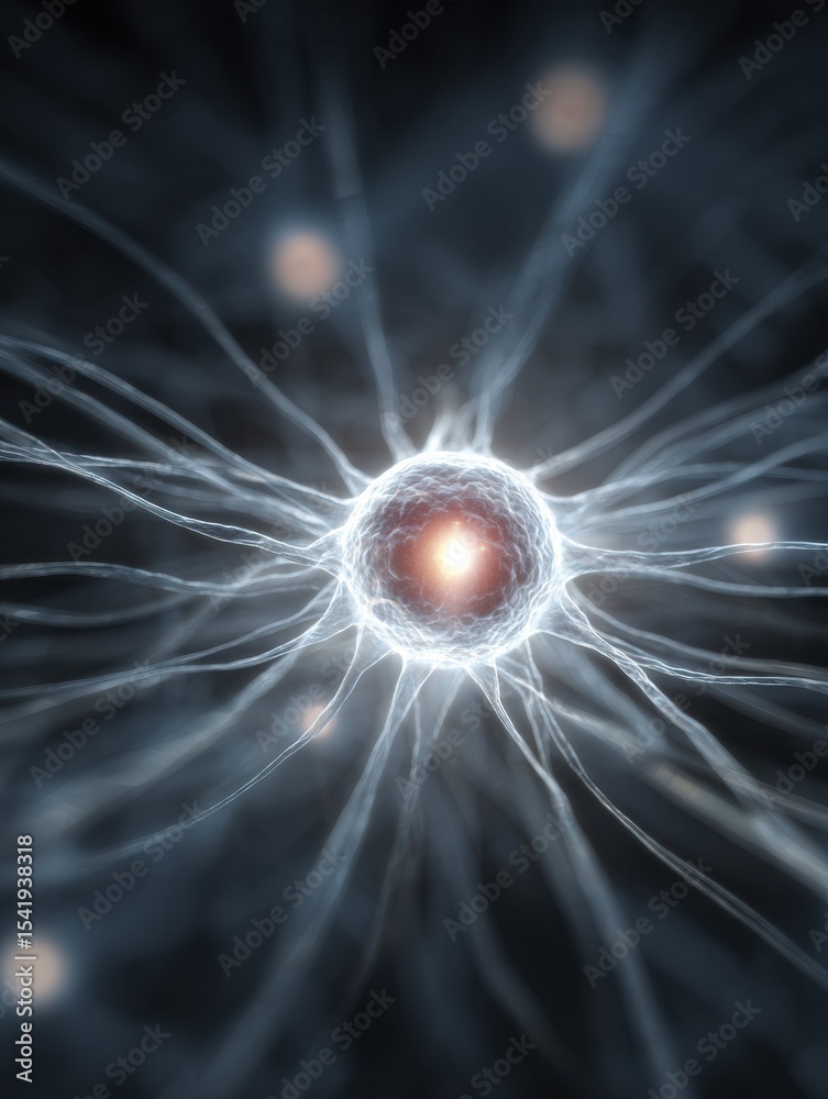 Poster Glowing Orb Surrounded by Synaptic Lines Representing Neural Connections and Brain Activity