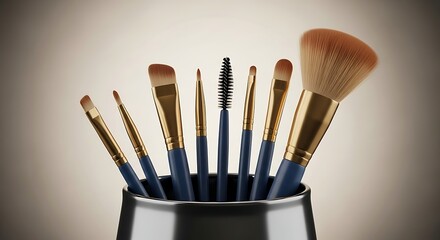 Golden Glam: An Array of Professional Makeup Brushes in Sleek Holder - Beauty Essentials Still Life