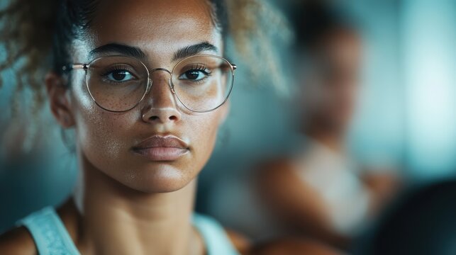A focused and determined woman in workout attire gazes ahead with intensity, emphasizing strength and motivation in a modern and active lifestyle environment. - Powered by Adobe
