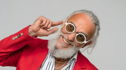 Elderly man with stylish white beard and glasses, wearing a vibrant red blazer, playfully pointing to his head, exuding a cheerful and confident demeanor in a bright, minimalistic studio setting - Powered by Adobe