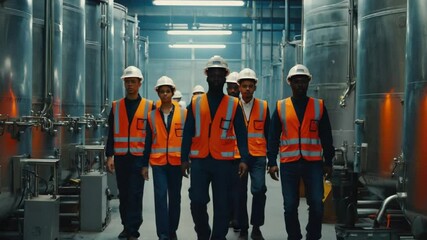 Workers Walking Through Factory Floor in Hard Hats and Safety Vests