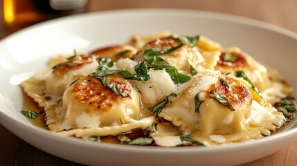 A tempting plate of ravioli topped with basil, cheese, and a rich sauce, highlighting the appeal of gourmet Italian cuisine ready to tantalize the taste buds.