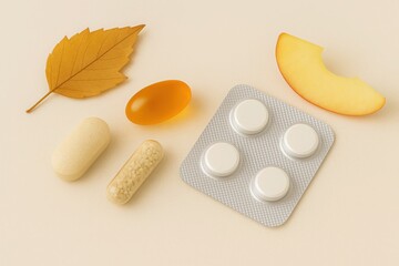 Autumn-themed supplement mix with pills leaf and apple slice on beige background ideal for seasonal health content and immune support