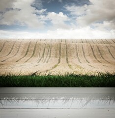 Wooden planks against farmers field