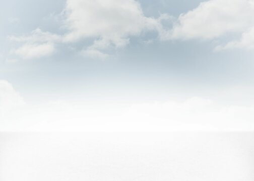 Fototapeta Cloud-filled sky is stretching over flat white plain in flat design style under soft diffused light