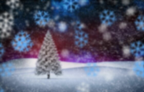 Solitary snow-covered evergreen tree is standing in flat design snowy plain under starry night sky