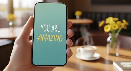 Uplifting Digital Affirmation: "You Are Amazing" on Smartphone Screen in Cozy Café