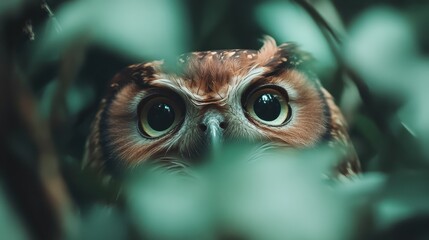 A captivating close-up of an owl's eyes peering through green foliage, capturing the essence of wildlife curiosity and the beauty of nature in hidden spaces.