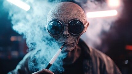An enigmatic alien figure exudes curiosity and intrigue, surrounded by swirling smoke, inviting viewers to ponder the unknown and challenging perceptions of life beyond our world.