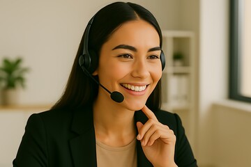Smiling Call Center Agent: Focus and Attentive Customer Service Professional at Work